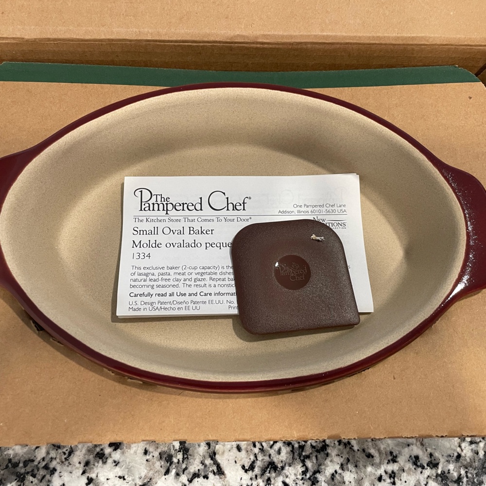 Pampered Chef stoneware, small oval baker, cranberry color